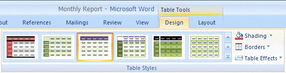 The Table Styles gallery in Word 2007