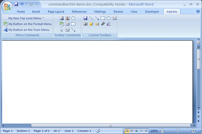 The Add-Ins tab displays custom menu commands
