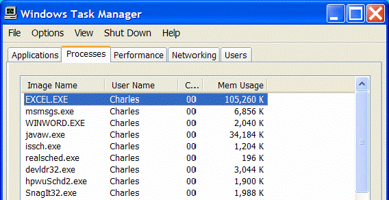 Task Manager showing Excel memory usage