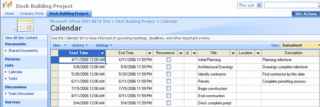 Calendar data in SharePoint datasheet view