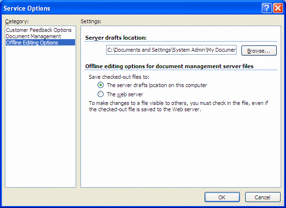 The Service Options dialog box