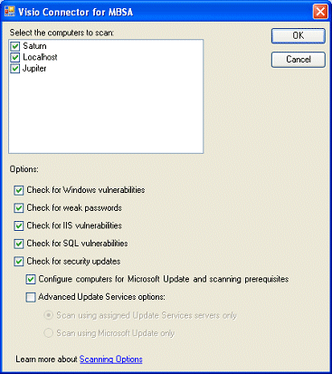The Visio Connector for MBSA dialog box