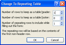 Repeating Table options