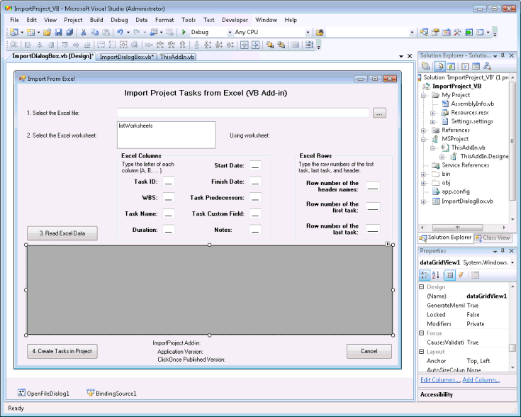 Designing the ImportDialogBox in Visual Studio