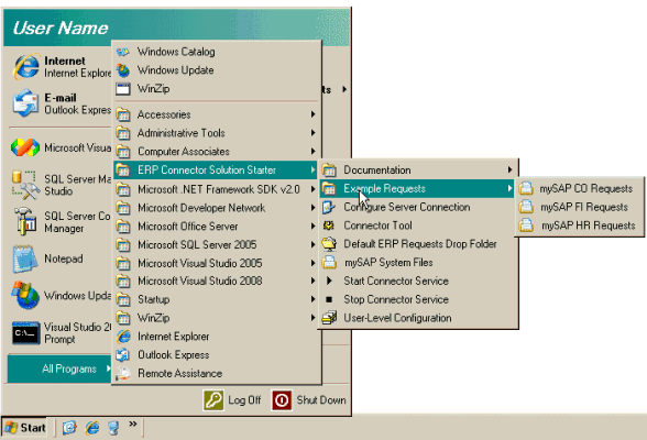 Windows Start menu for the ERP Connector