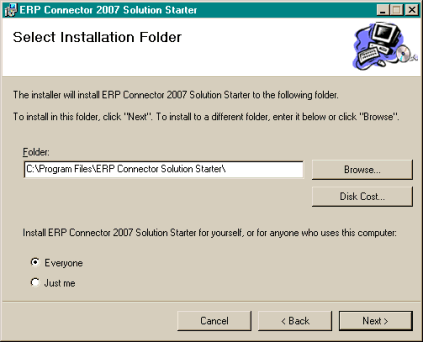 Default settings of the ERP Connector installer