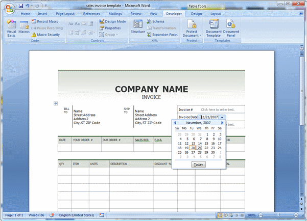 Sales invoice document template