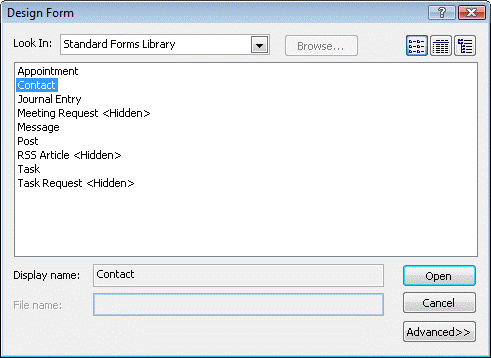 Design Form dialog box with Contact selected