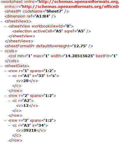XML for the sheet7.xml part