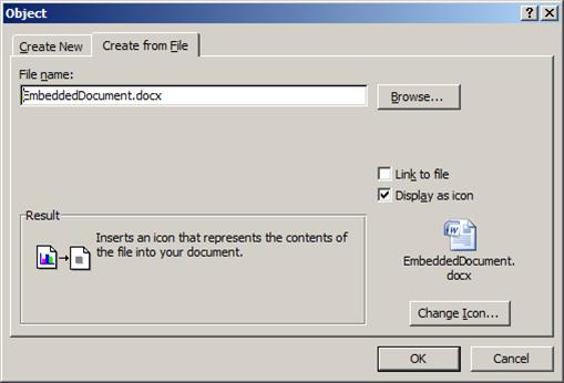 Inserting a document using the Object dialog box