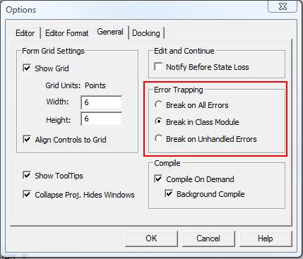 Setting error trapping/handling options