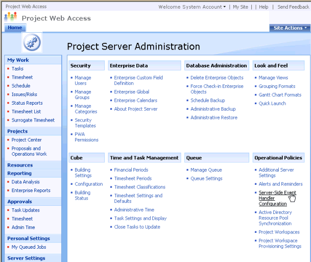 The Project Server Administration page