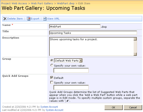 Setting properties for the Web Part Gallery