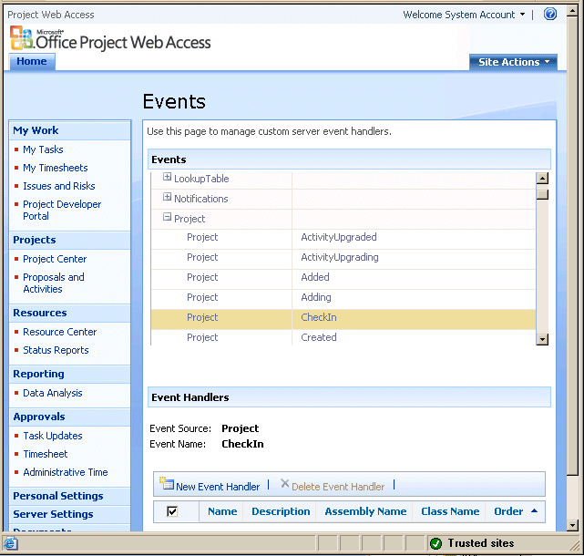 Server Events page in Project Web Access