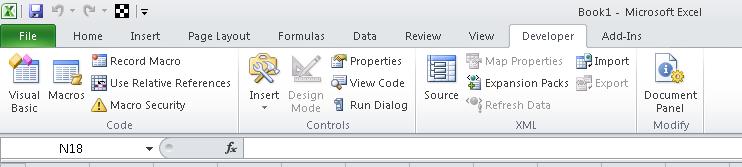Developer tab in Excel 2010