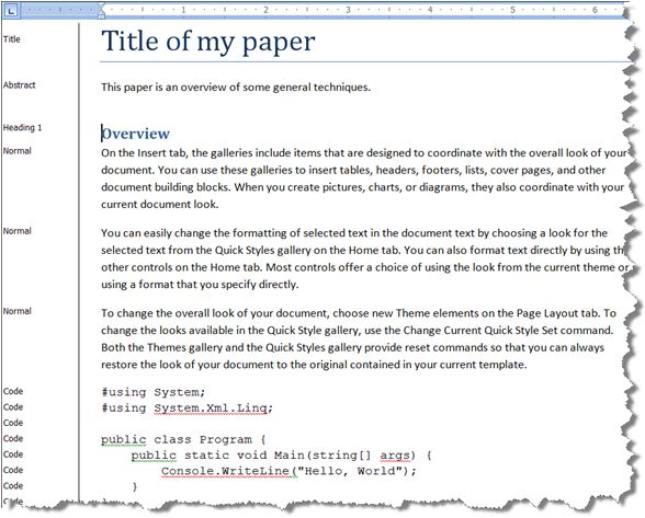Document with paragraphs formatted with styles