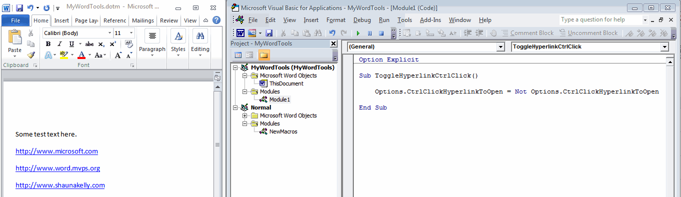 Split screen of document and Visual Basic Editor