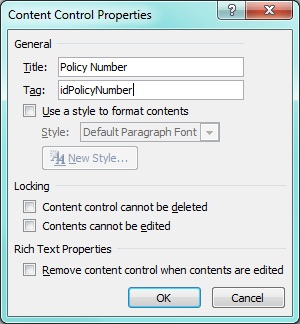 Content control properties dialog with values set