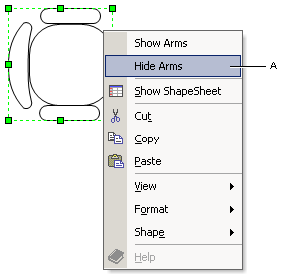 You can define shortcut commands that appear when you right-click the merged shape. In this example, choosing the command (A) hides the geometry of one of the merged shape's component shapes.