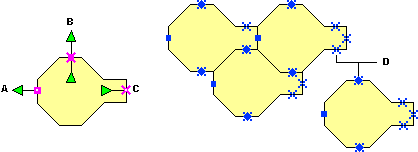 A paving tile shape with inward, outward, and inward/outward connection points