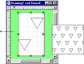 In this example, the master pattern includes two offset triangle shapes in a large alignment box (A) Tiled fill patterns fill the shape from the lower-left corner.