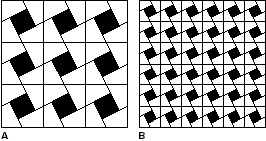 On a drawing page that uses an architectural scale, an unscaled pattern (A) looks the same as on a page with no scale, but a scaled pattern (B) retains its dimensions.