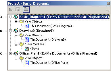 The Project Explorer displaying three Visio files that are open in a Visio instance