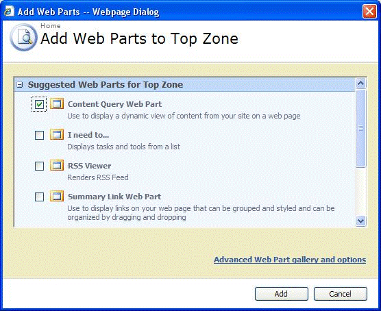 Add Web Parts dialog box