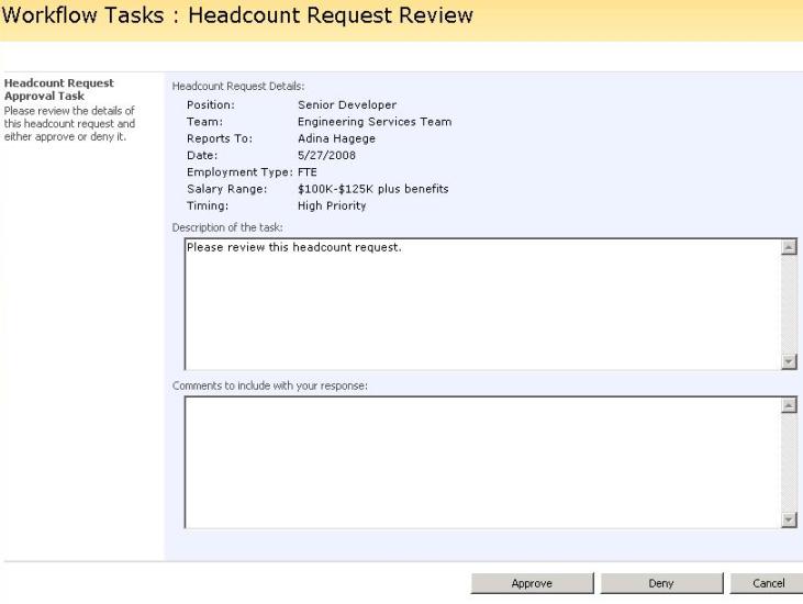 Headcount Request Review task edit form