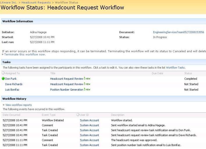 Headcount Request Workflow approved status