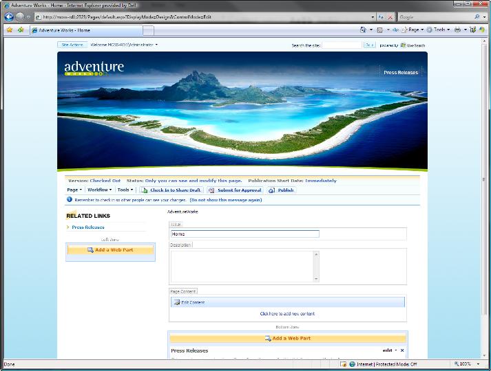 Adventure Works Travel home page in edit mode