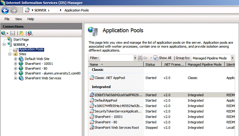 IIS showing websites and application pools