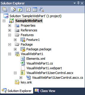 The SampleWebPart project in the Solution Explorer