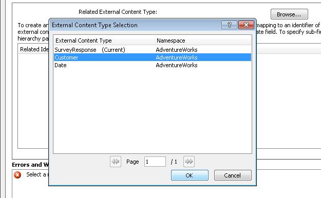 External Content Type Selection dialog box