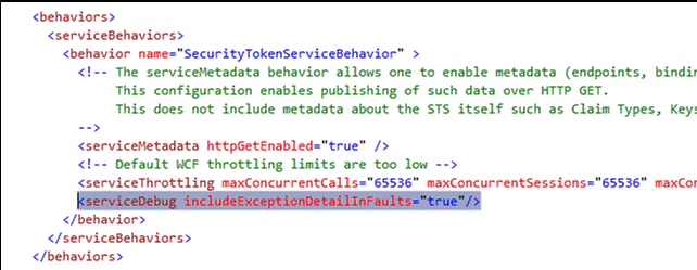 Adding includeExceptionDetailInFaults value