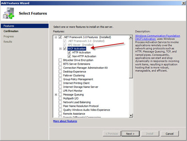 Select WCF Activation on Windows Server 2008