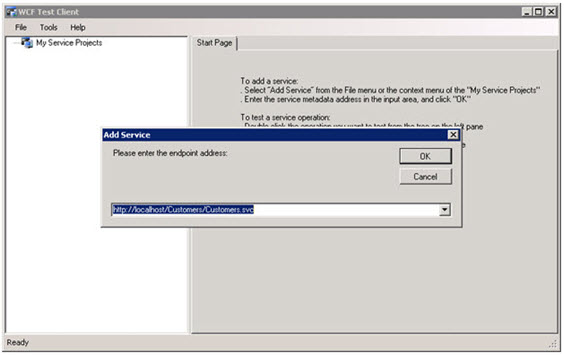 Enter the endpoint address in the WCF Test Client
