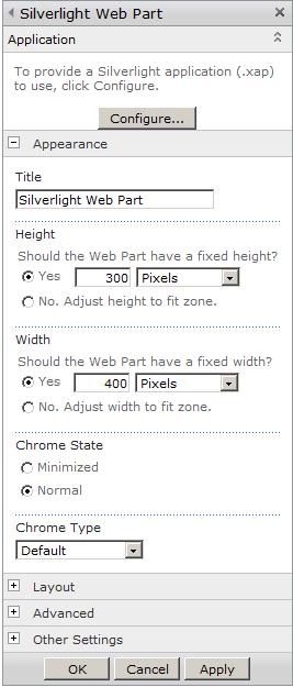 Configuring the Silverlight Web Part properties