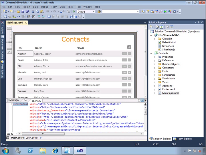 ContactsInSilverlight in Visual Studio Designer