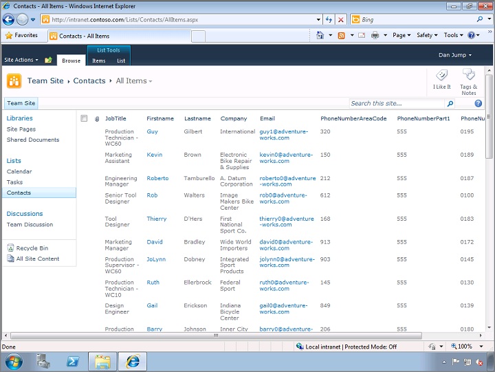 Contacts list in SharePoint 2010