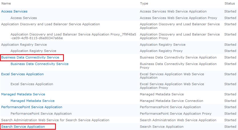 Manage Service Applications list
