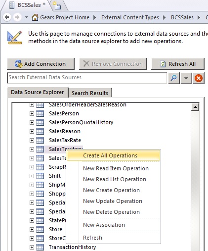 Data Source Explorer for an External Content Type