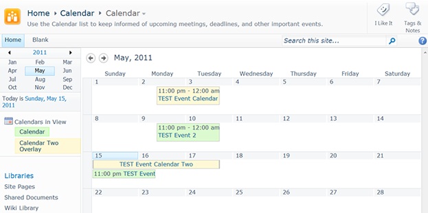 Example SharePoint calendars in overlay mode
