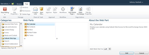 Adding My Calendar Web Part to a SharePoint page