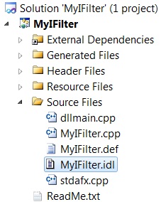 MyIFilter.idl is in the Source Files folder