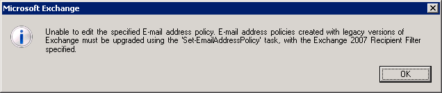 E-mail Address Policy Filter Upgrade Error