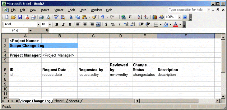 Scope change log Excel workbook template