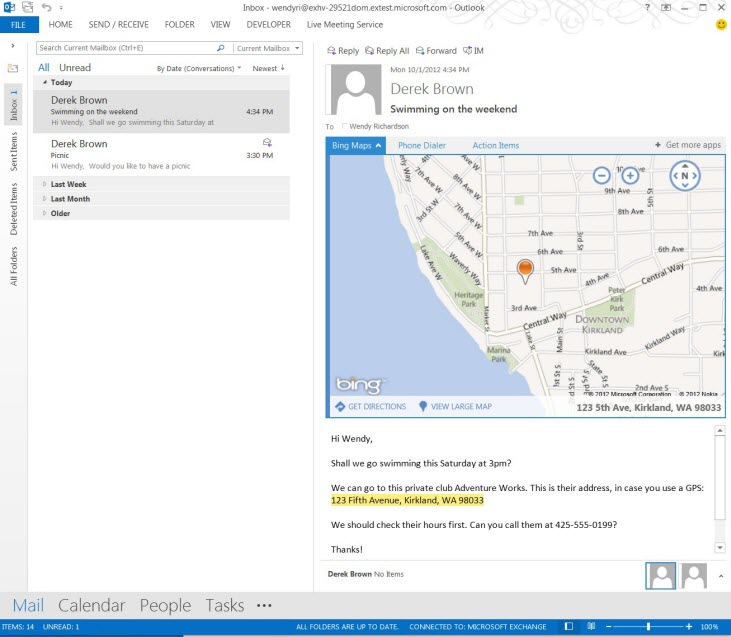 Mail app for Outlook showing context sensitive map