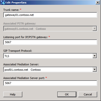 Property settings for PSTN gateway peer for trunk