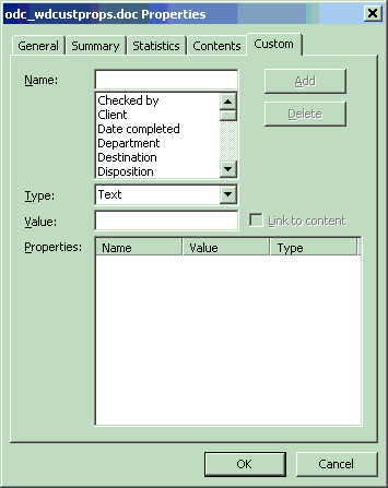 The Custom tab of the Properties dialog box